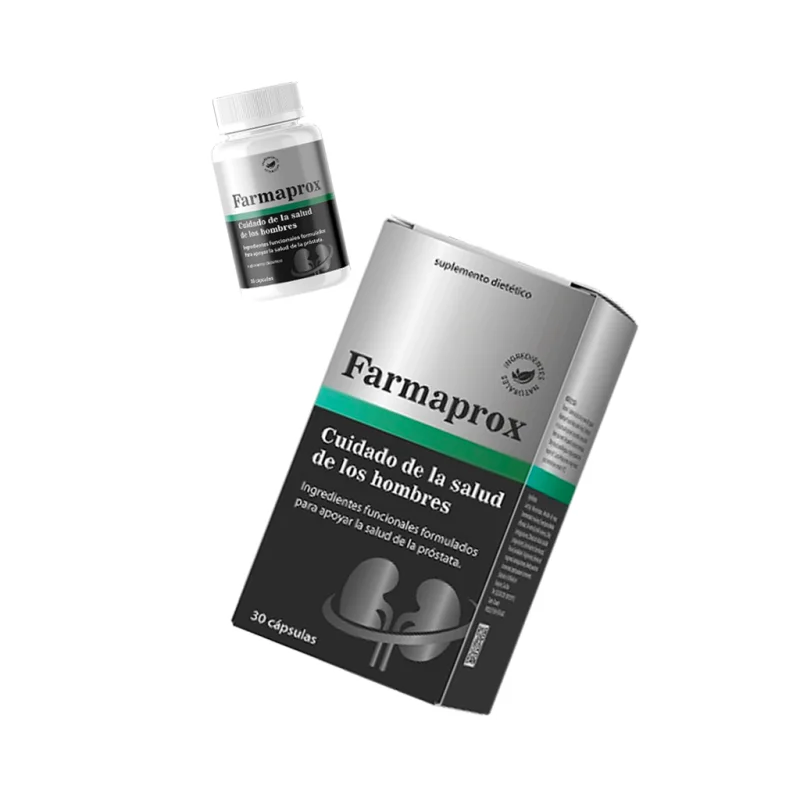 Farmaprox — frasco y caja del suplemento dietético para el bienestar masculino y el confort urinario